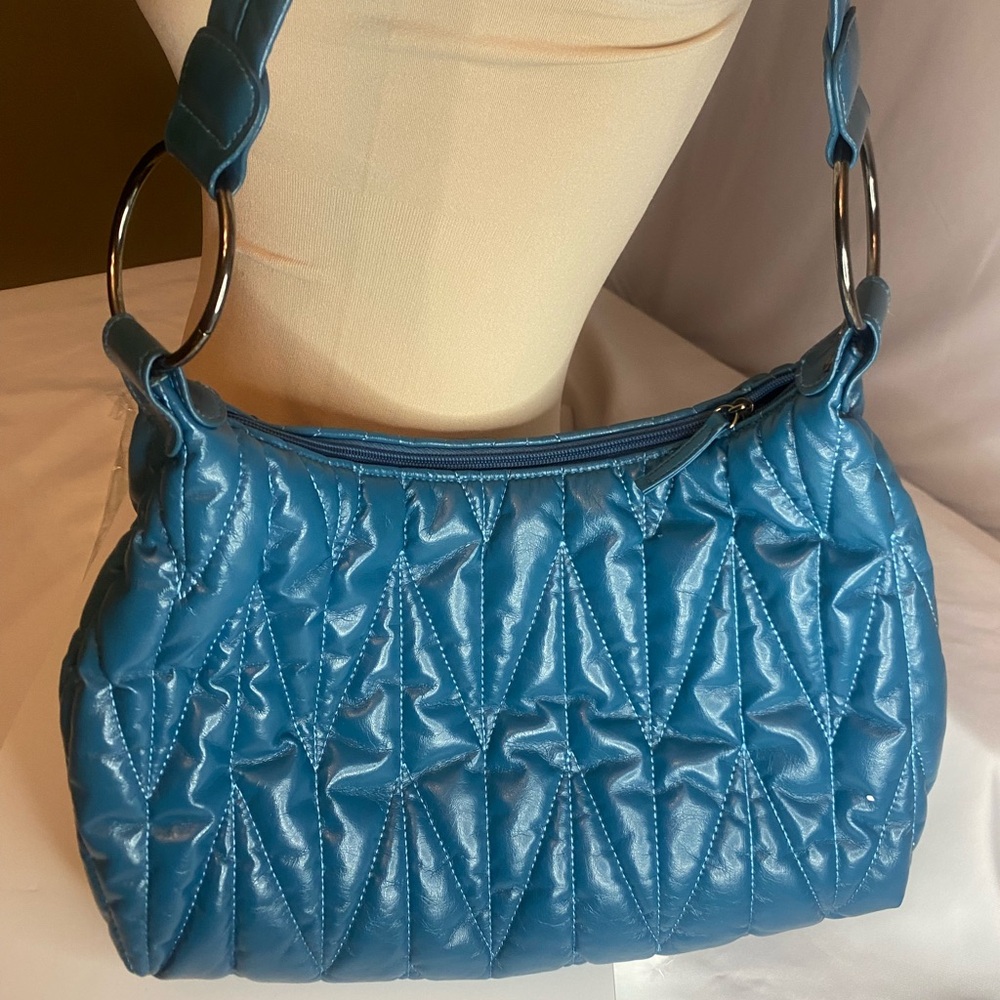 Fashion express teal puffy shoulder bag one main zipper one inside zipper